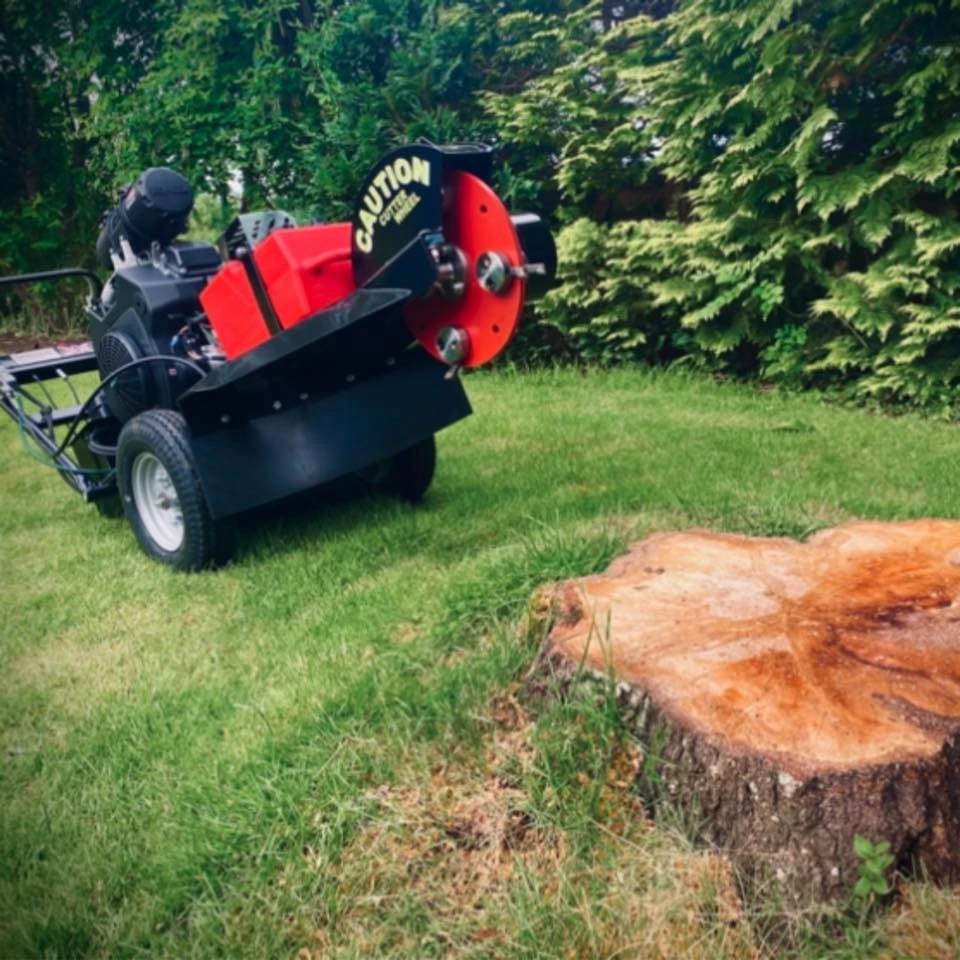 Tree stump with grinding machine.